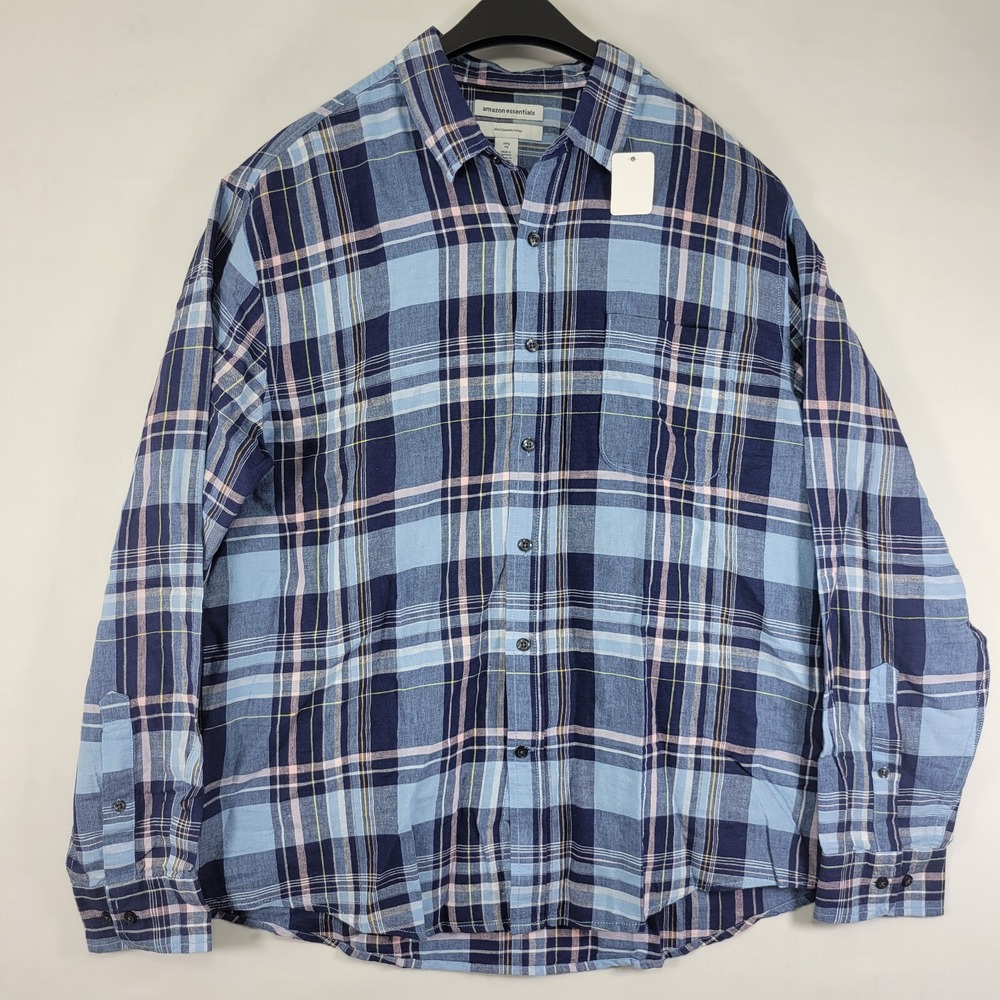 Amazon Essentials Mens Long Sleeve Button Down Blue Checked Linen‎ Blend SLIM XL